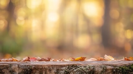 Fototapete - Softly blurred autumn leaves scattered on a rustic wooden surface in a serene forest setting : Generative AI