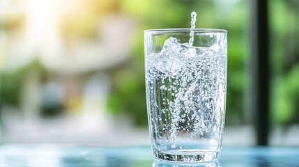 Poster - Refreshing Clear Water Splashing in a Glass Against a Blurred Green Background : Generative AI