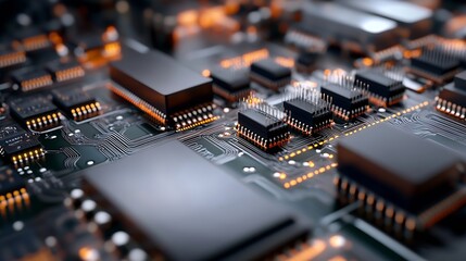 Poster - Detailed view of network circuit board with multiple black chips interconnected by glowing traces and circuits : Generative AI
