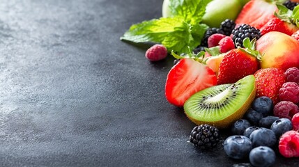 Poster - Fresh Assorted Berries and Fruits on Dark Surface Ready for Healthy Snack : Generative AI