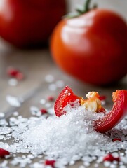 Poster - Fresh red tomato with sea salt scattered around creating a vibrant culinary scene : Generative AI