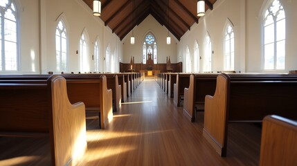 Aufkleber - Serene Interior of a Church with Wooden Benches Bathed in Natural Light : Generative AI