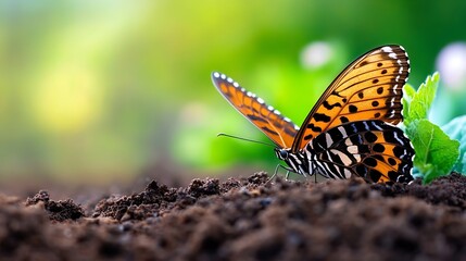 Poster - Beautiful Butterfly Resting on Rich Dark Soil in a Lush Green Environment : Generative AI