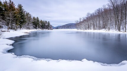 Aufkleber - Snowy landscape with still water reflecting trees and cloudy sky in serene winter atmosphere : Generative AI