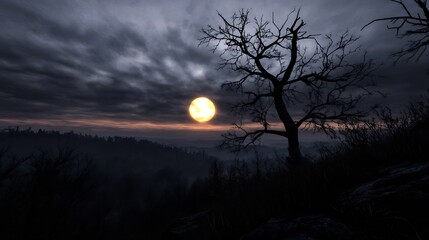 Aufkleber - Mysterious Moonlight Over a Dark Forest Landscape Creating an Atmospheric Night Scene : Generative AI