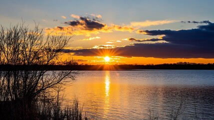 Aufkleber - Breathtaking sunset reflection on serene lake water with silhouetted branches framing the picturesque view : Generative AI