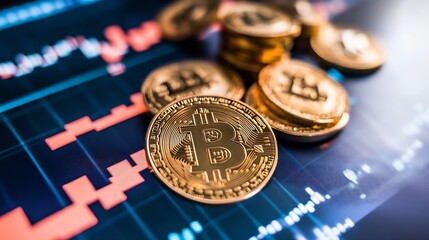 Aufkleber - Close up view of Bitcoin coins on a digital financial trading chart background with analytics data : Generative AI