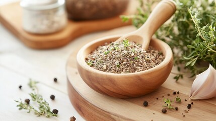 Poster - Close Up of Freshly Ground Spices in a Wooden Bowl Surrounded by Herbs and Ingredients : Generative AI