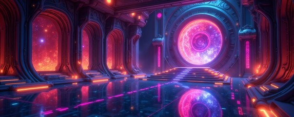 futuristic space temple with glowing altars and holographic symbols, science fiction, space, pilgrim