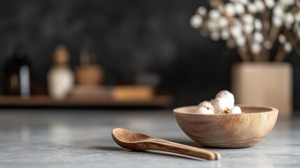 Aufkleber - Elegant wooden bowl with cotton balls and a wooden spoon against a stylish kitchen backdrop : Generative AI