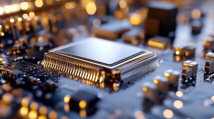 Leinwandbilder - Close Up of a High Tech Computer Microchip on Circuit Board with Golden Lights : Generative AI