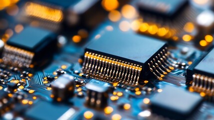 Fototapete - Close up of advanced computer microchips on circuit board with glowing elements : Generative AI