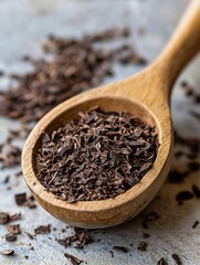 Poster - Wooden spoon filled with rich chocolate shavings on rustic table for culinary delights : Generative AI