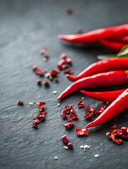 Poster - Vibrant red chili peppers and crushed flakes on dark textured surface showcasing culinary spice : Generative AI