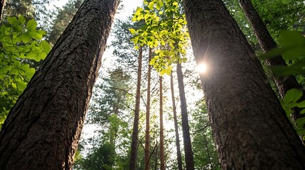 Aufkleber - Sunlight streaming through tall trees in a lush green forest creating a serene natural atmosphere : Generative AI