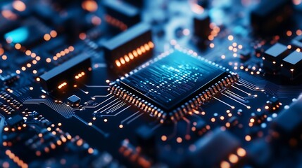 Leinwandbilder - High tech microchip on a circuit board glowing in blue and amber : Generative AI
