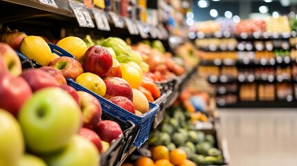 Poster - Fresh colorful fruits in a grocery store display with vibrant apples and lemons : Generative AI