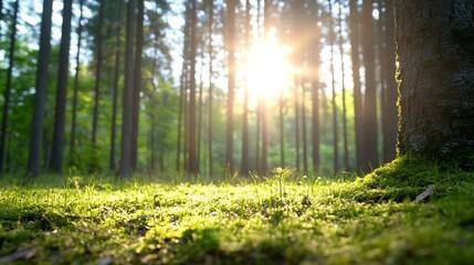 Poster - A scenic view of sunlight streaming through a dense forest highlighting vibrant greenery and nature's tranquility : Generative AI