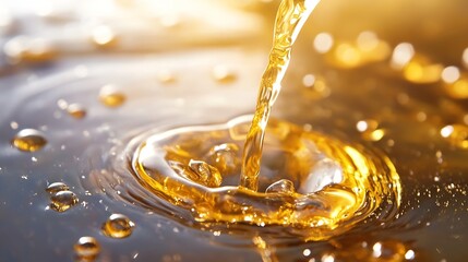 Aufkleber - Closeup shot of golden liquid gently pouring into water creating beautiful ripples and reflections : Generative AI
