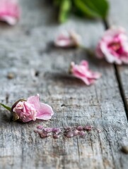 Poster - Delicate pink flowers scattered on a weathered wooden table highlighting natural beauty : Generative AI