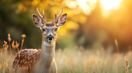 Canvas Print - Beautiful Deer in Golden Hour Light Among Tall Grass Surrounded by Nature : Generative AI