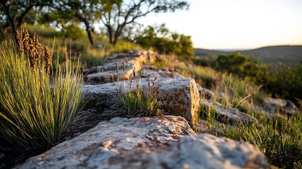 Poster - A serene view of rocky terrain with wild grass bathed in warm golden light during sunset : Generative AI