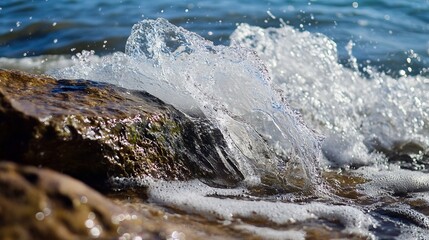 Canvas Print - Captivating Ocean Wave Splashing Against Rock Formation in Bright Daylight : Generative AI