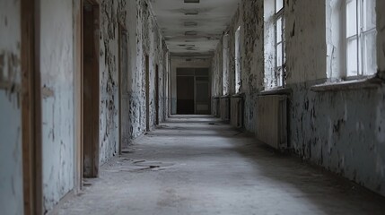 Aufkleber - Abandoned hallway with peeling walls and faded windows creating a haunting setting : Generative AI