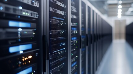 Fototapete - Modern Data Center with Multiple Servers and Blue Indicator Lights for Technology Solutions : Generative AI