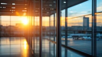 Aufkleber - Modern Airport Interior Showcasing Beautiful Sunset Reflections on Glass : Generative AI