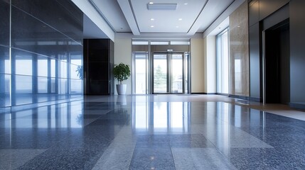 Poster - Sleek modern lobby interior featuring polished floors and large windows allowing natural light to flood in : Generative AI