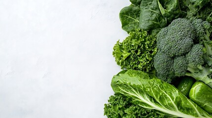 Poster - Fresh assortment of leafy green vegetables arranged artistically on a light background : Generative AI