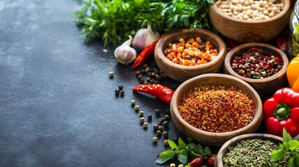 Poster - Assorted Spices and Herbs in Wooden Bowls on Stone Surface with Fresh Ingredients for Cooking : Generative AI