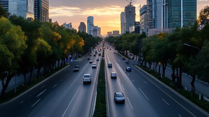 Wall Mural - Dynamic Urban Road Scene with Traffic and Skyscrapers Against Sunset : Generative AI