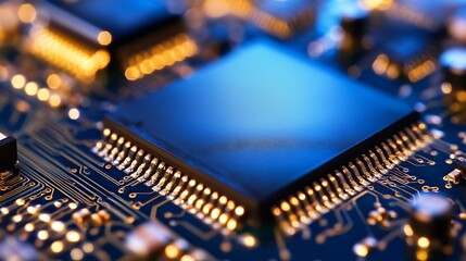 Leinwandbilder - Close up of a shiny black microchip on a circuit board with glowing electronic components and traces : Generative AI