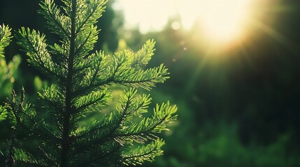 Aufkleber - Closeup of green pine needles illuminated by warm sunlight filtering through the forest : Generative AI