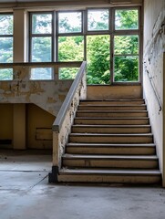 Leinwandbilder - Abandoned interior of a building featuring worn stairs leading to large windows surrounded by greenery : Generative AI