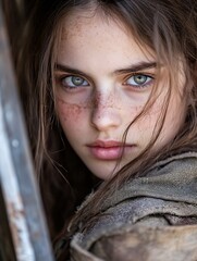 Poster - Expressive portrait of a young girl with striking blue eyes and freckles capturing deep emotions and a story : Generative AI
