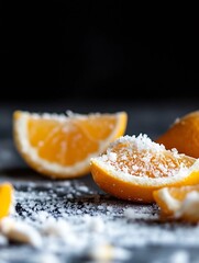 Poster - Juicy Orange Slices with Coarse Sea Salt on Dark Surface Creating an Upscale Food Droplet : Generative AI