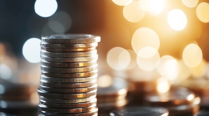Aufkleber - Stack of Shiny Coins with Soft Warm Bokeh Background Creating a Luxurious Wealth Environment : Generative AI