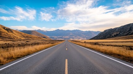 Aufkleber - Wide Open Road Stretching Through Majestic Mountains Under Clear Blue Sky : Generative AI
