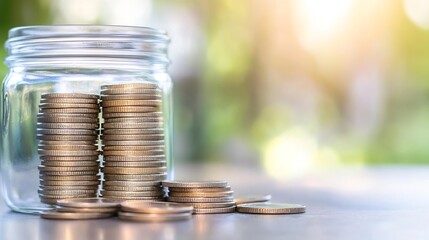 Poster - Coin Jar Overflowing with Stacked Coins Representing Savings and Financial Growth in Natural Light : Generative AI