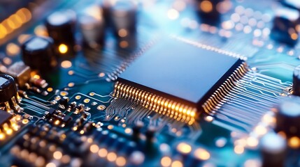 Poster - Close-up of intricate microchip technology showcasing electrical components and circuit board details : Generative AI