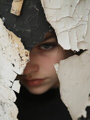 Aufkleber - Intimate portrait of a young girl peering through a cracked wall revealing emotional depth and vulnerability : Generative AI
