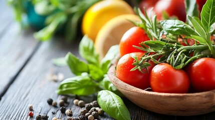 Poster - Freshly harvested tomatoes and herbs arranged beautifully in a rustic bowl on a wooden table : Generative AI
