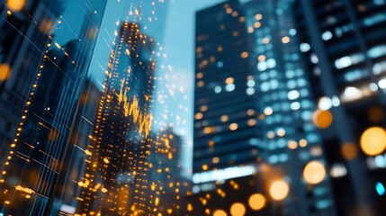 Poster - Abstract nighttime cityscape with blurred lights and graphical data projections reflecting off glass buildings : Generative AI