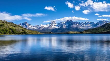 Canvas Print - Majestic Mountain Range Reflected in Calm Lake Waters Under Clear Blue Sky : Generative AI