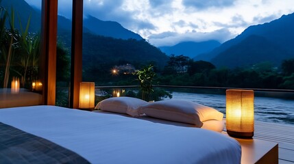 Poster - Cozy Bedroom with Serene Mountain View at Dusk Highlighting Calmness and Relaxation : Generative AI