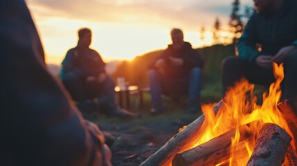 Aufkleber - Friends gathered around a cozy campfire enjoying conversation in the evening glow : Generative AI
