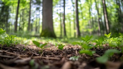 Aufkleber - Vibrant Green Ground Cover and Tall Trees in a Sunlit Forest Creating a Perfect Natural Scene : Generative AI